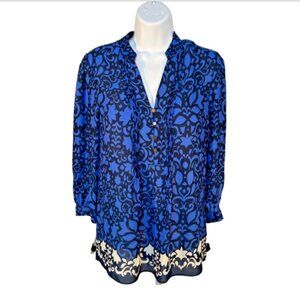 Banana Republic - Women's S Blouse Blue, Navy, White Pleated V Neck Button Up